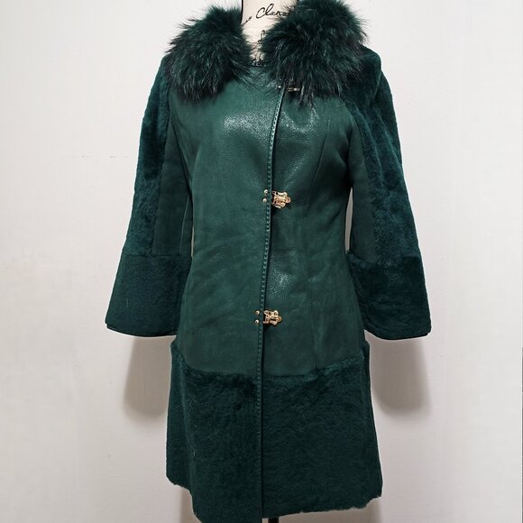 New Real Merino Sheepskin Lamb Leather Suede Fur Coat Emerald Forest Green Fox - Picture 1 of 6